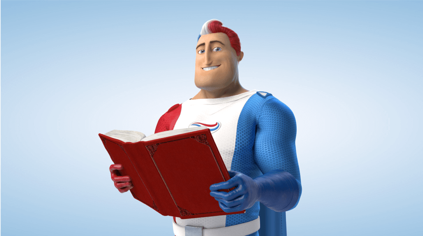 Captain Aquafresh reading with a smile on his face.