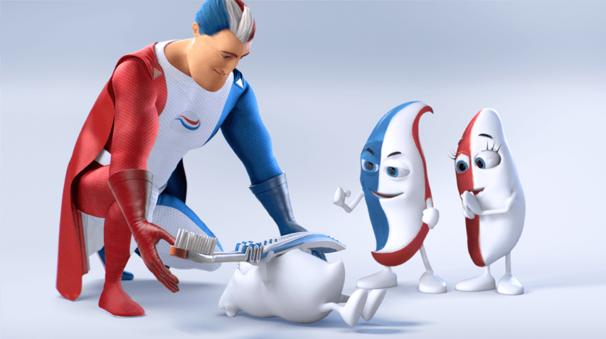 Captain Aquafresh spotting Milky while he bench presses a toothbrush with Billy and Lilly cheering for him.
