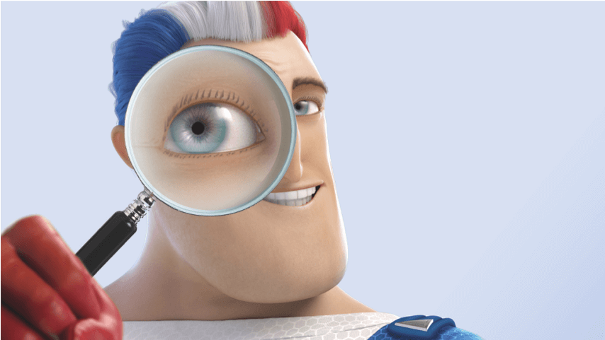 Captain Aquafresh inspecting something with a magnifying glass.