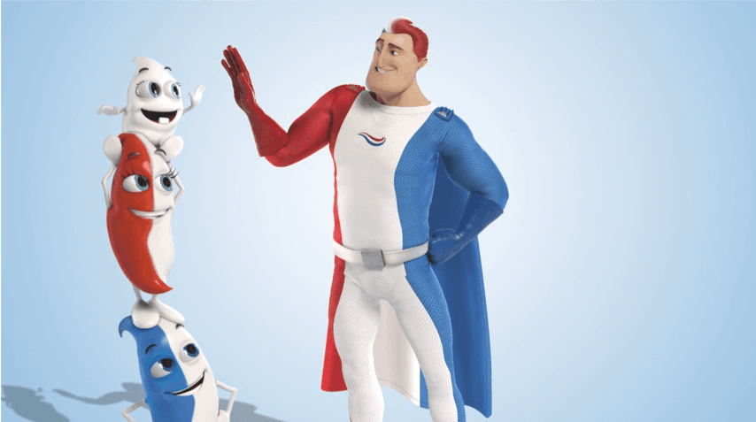 Captain Aquafresh giving high five to Milky who is standing atop of Billy and Lilly.