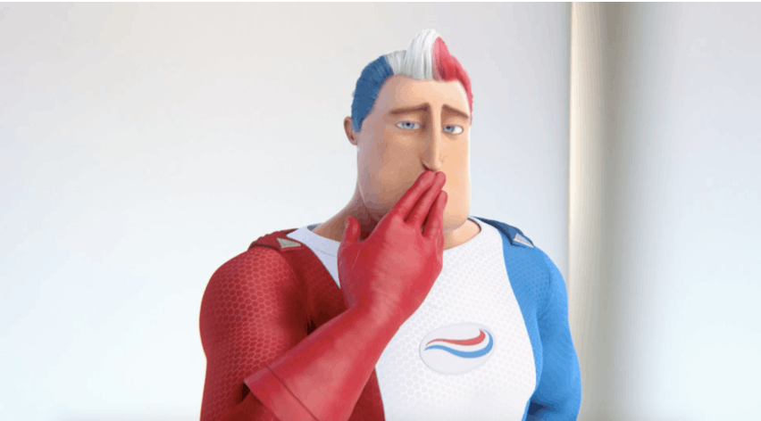 Captain Aquafresh covering his mouth with a slightly embarassed facial expression.