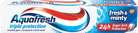 Aquafresh Triple Protection Fresh & Minty toothpaste packaging with blue accent. Aquafresh Triple Protection Fresh & Minty toothpaste packaging with blue accent.
