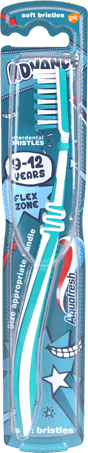 Aquafresh Advance Teeth toothbrush in mint green/white design and a playful blue packaging. Aquafresh Advance Teeth toothbrush in mint green/white design and a playful blue packaging.