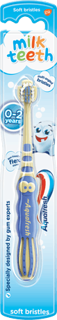 Aquafresh Milk Teeth toothbrush with a playful blue/beige design and light blue packaging. Aquafresh Milk Teeth toothbrush with a playful blue/beige design and light blue packaging.