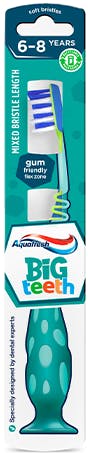 Aquafresh Big Teeth toothbrush with a playful blue/green design and mint green packaging.