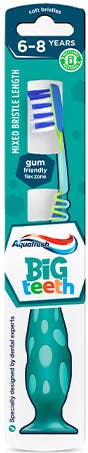 Четка за зъби Aquafresh Big Teeth със закачлив синьо/зелен дизайн и ментово зелена опаковка.