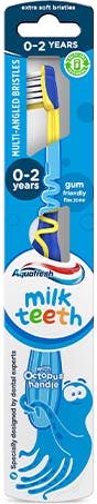 Aquafresh Milk Teeth toothbrush with a playful blue/beige design and light blue packaging.