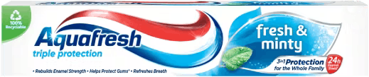 Aquafresh Triple Protection Fresh & Minty toothpaste packaging with blue accent. Aquafresh Triple Protection Fresh & Minty toothpaste packaging with blue accent.