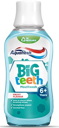 Aquafresh my Big Teeth  mouthwash in a playful packaging.