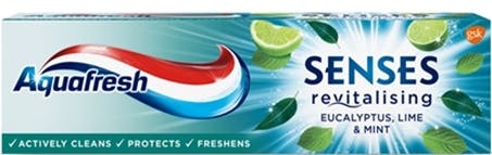 Aquafresh Senses Revitalising toothpaste blue and green packaging.
