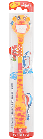 Aquafresh Milk Teeth toothbrush with a playful blue/beige design and light blue packaging.