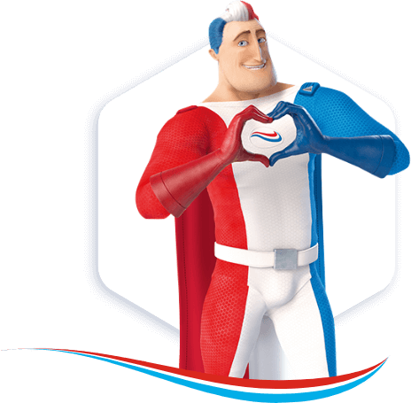 Captain Aquafresh making a heart with his hands to show how much he likes the Aquafresh swoosh.