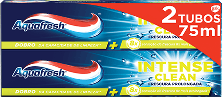 Aquafresh Intense Clean Lasting Fresh toothpaste blue packaging with bright green accent.