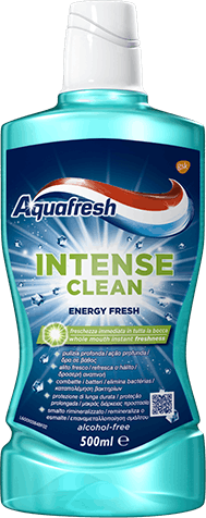 Aquafresh Intense Clean Deep Action toothpaste blue packaging with pink accent.