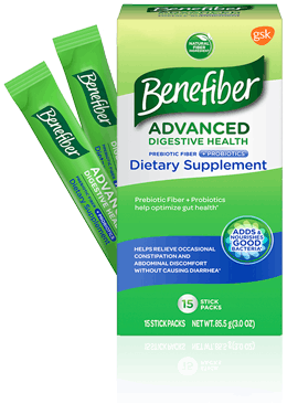 Benefiber Advanced Digestive Health Prebiotic Fiber + Probiotics box and packets