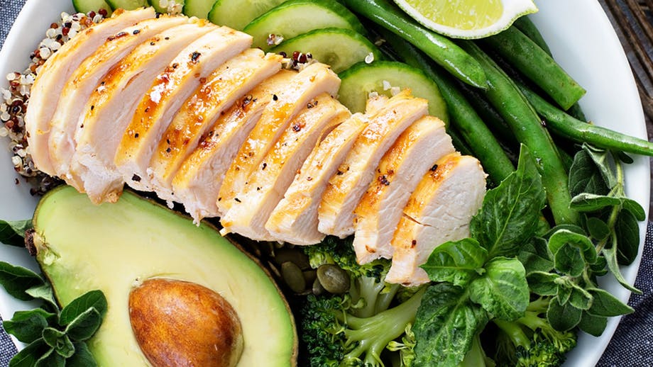 Plate full of veggies and salad topped with grilled chicken and avocado