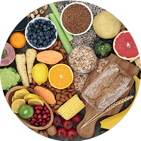 High fiber foods including beans, nuts, whole grains and some fruits and vegetables. 