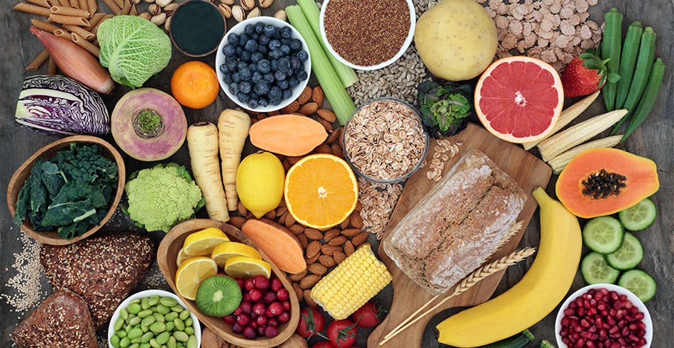 High fiber foods including beans, nuts, whole grains and some fruits and vegetables. High fiber foods including beans, nuts, whole grains and some fruits and vegetables.