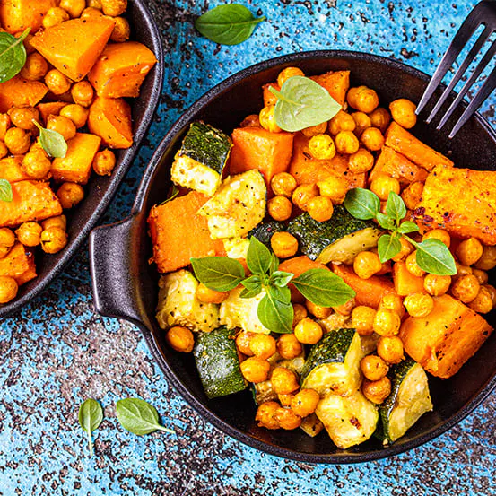 A delicious high fiber meal containing chickpeas, zucchini and sweet potato