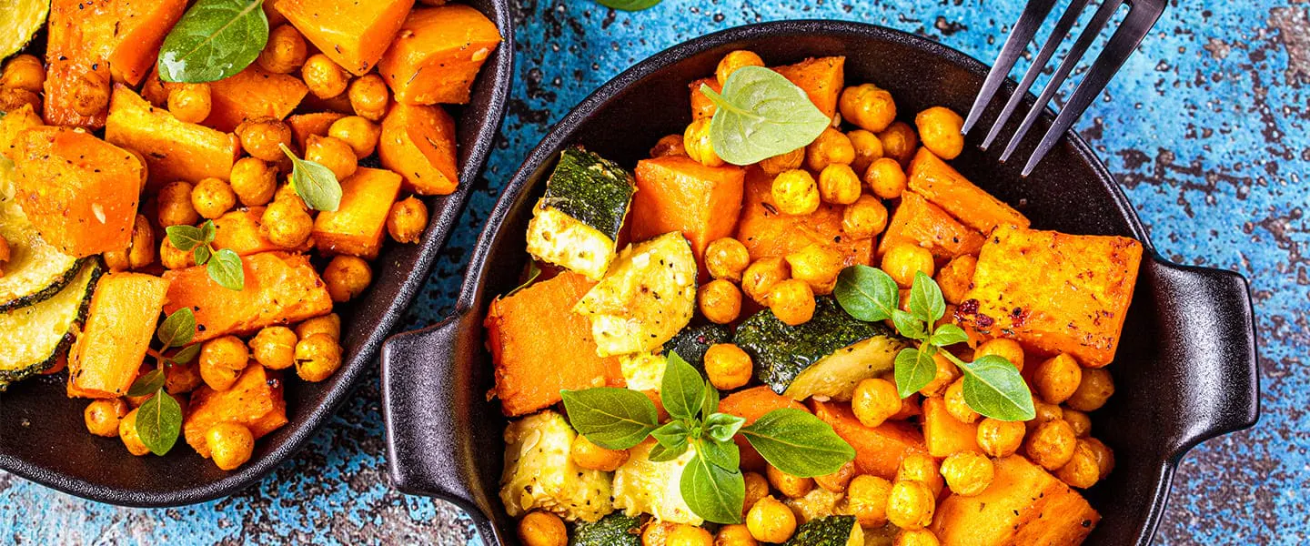 A delicious high fiber meal containing chickpeas, zucchini and sweet potato