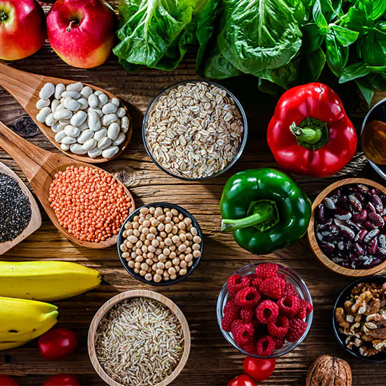 Image of high-fiber foods on a wooden table