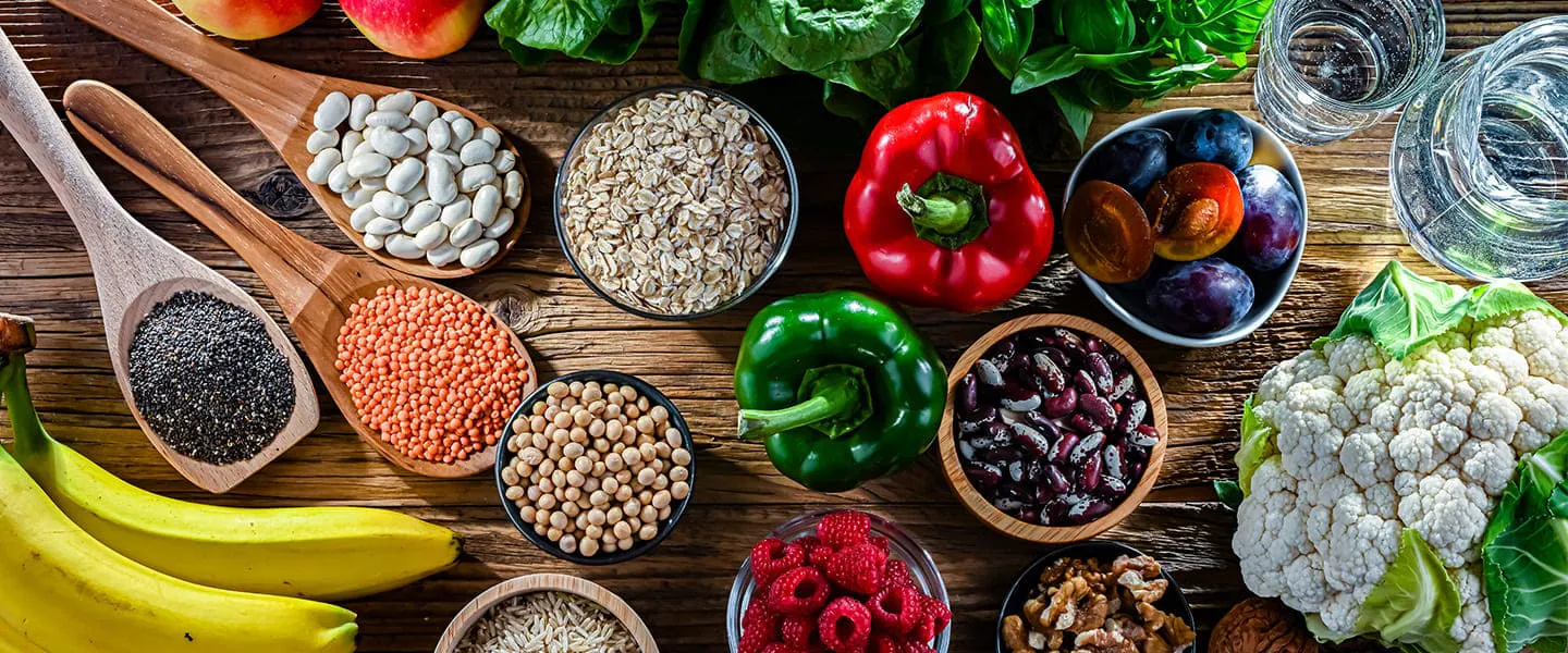 Image of high-fiber foods on a wooden table