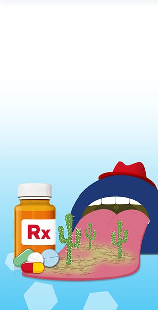 Caricature illustrant que les médicaments sont l’une des principales causes de bouche sèche