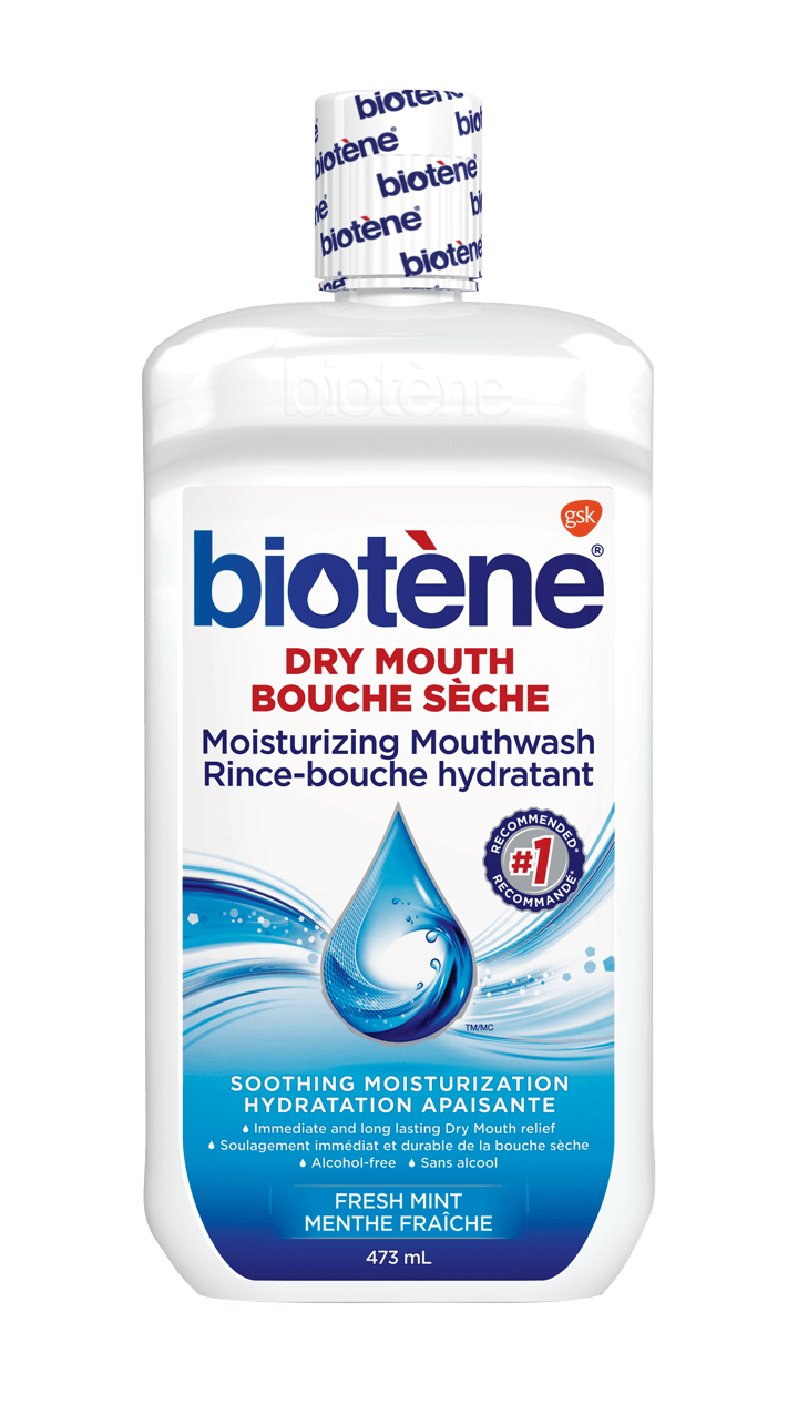 Bouteille de rince-bouche hydratant Biotène pour la bouche sèche 