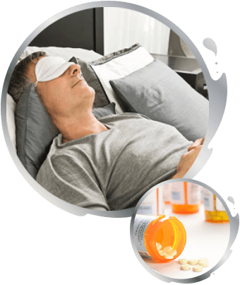 Man sleeping with a sleep mask with an inset image of bottles of pills