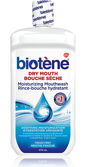 Bouteille de rince-bouche hydratant Biotène pour la bouche sèche