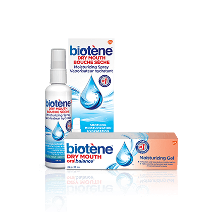 Bottle of Biotène Dry Mouth Moisturizing Spray and box of Biotene Oralbalance Gel