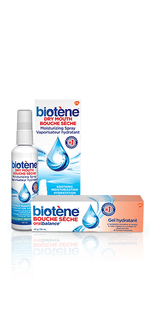 Bouteille de vaporisateur hydratant Biotène pour la bouche sèche et boîte de gel Biotène oralbalance