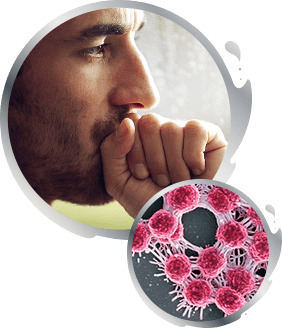 Circle framing man covering mouth with fist and circle framing close-up of germs