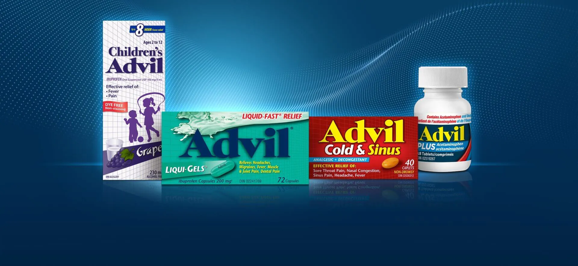 A selection of Advil products, including Children's Advil, Liqui-Gels, Cold & Sinus, and PLUS Acetaminophen, against a blue gradient background.