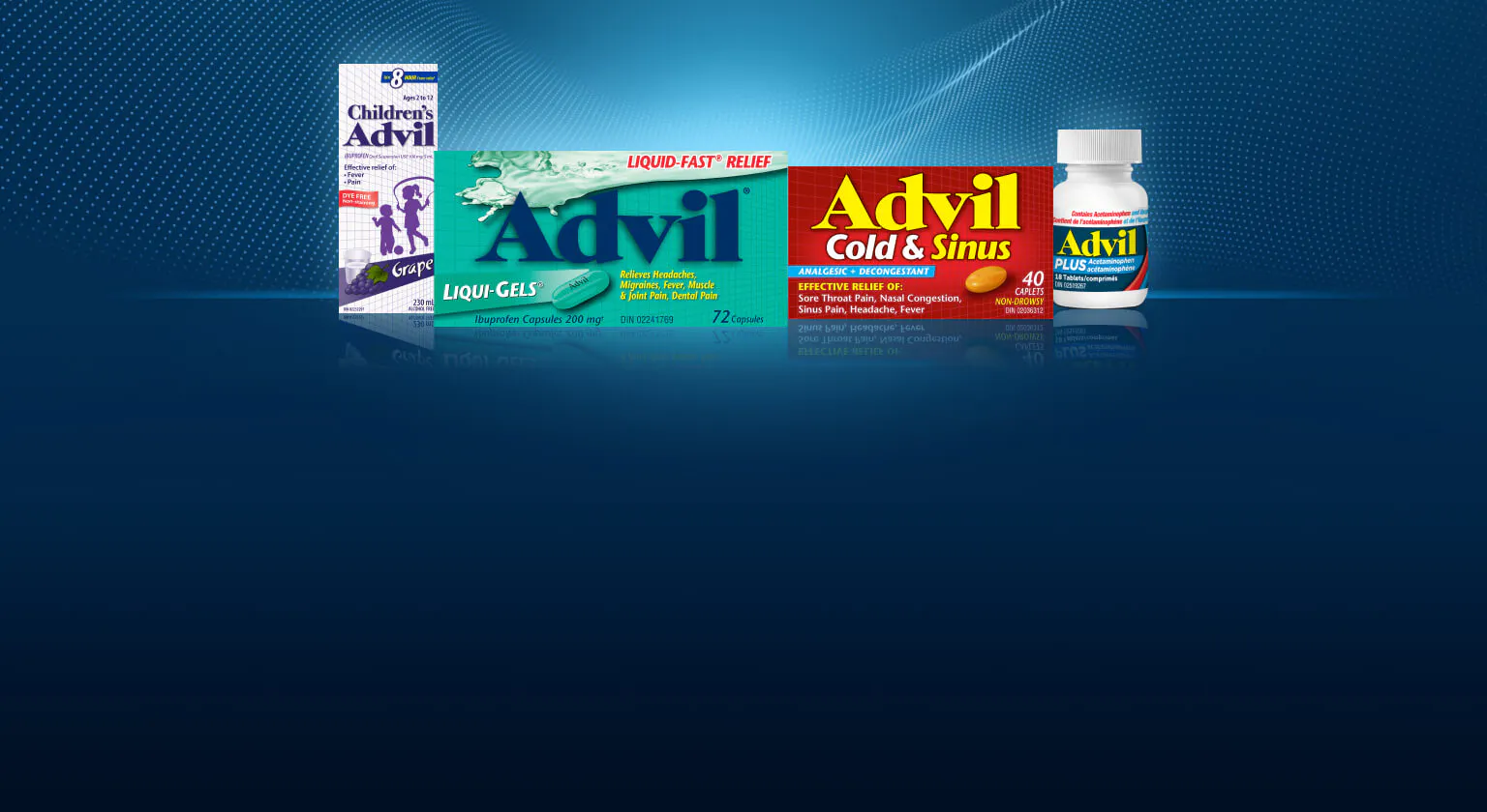 A selection of Advil products, including Children's Advil, Liqui-Gels, Cold & Sinus, and PLUS Acetaminophen, against a blue gradient background.
