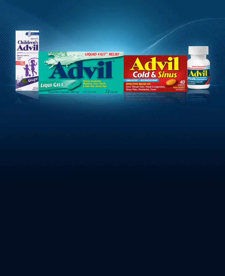 A selection of Advil products, including Children's Advil, Liqui-Gels, Cold & Sinus, and PLUS Acetaminophen, against a blue gradient background.