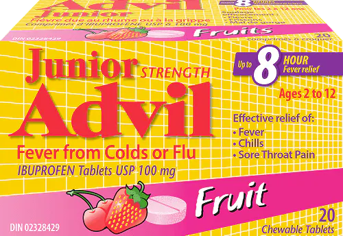 Junior Strength Advil Fever from Colds or Flu with Fruit Flavour in 20 Chewable Tablets