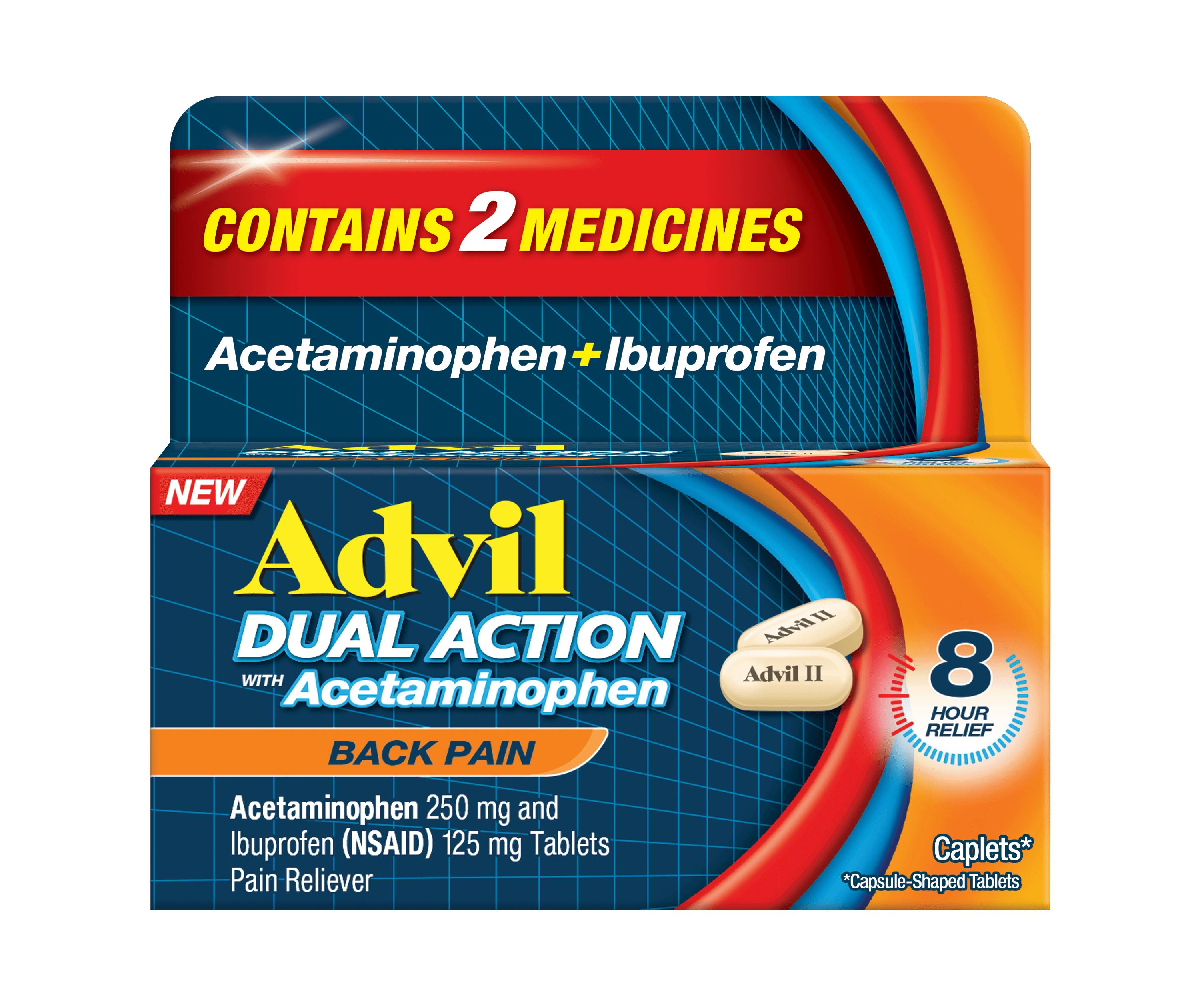 Advil Dual Action Back Caplets, Ibuprofen with Acetaminophen, 18 Pain Relief Capsule-Shaped Tablets 