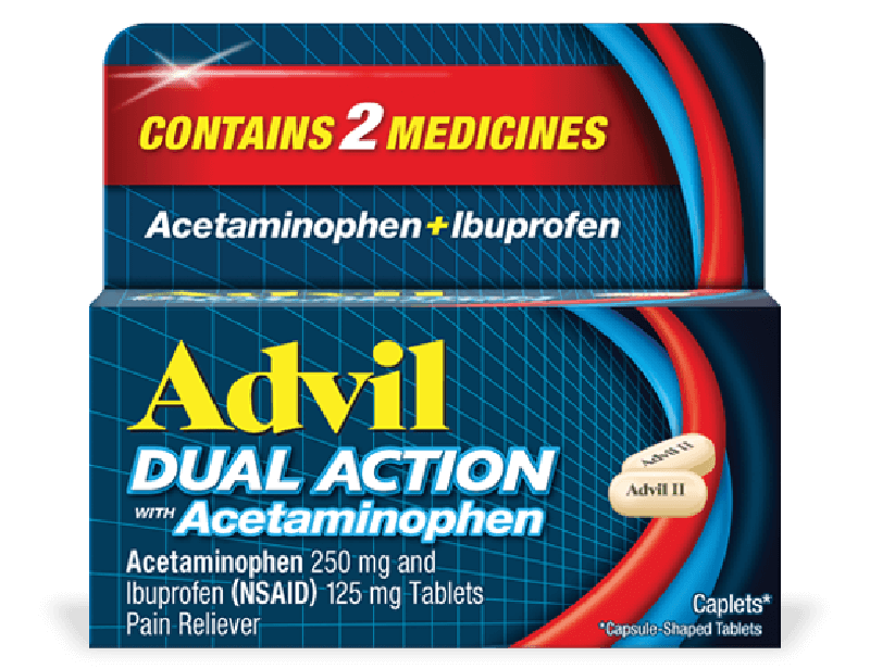 Advil Dual Action Caplets, Ibuprofen with Acetaminophen, 18 Pain Relief Capsule-Shaped Tablets 