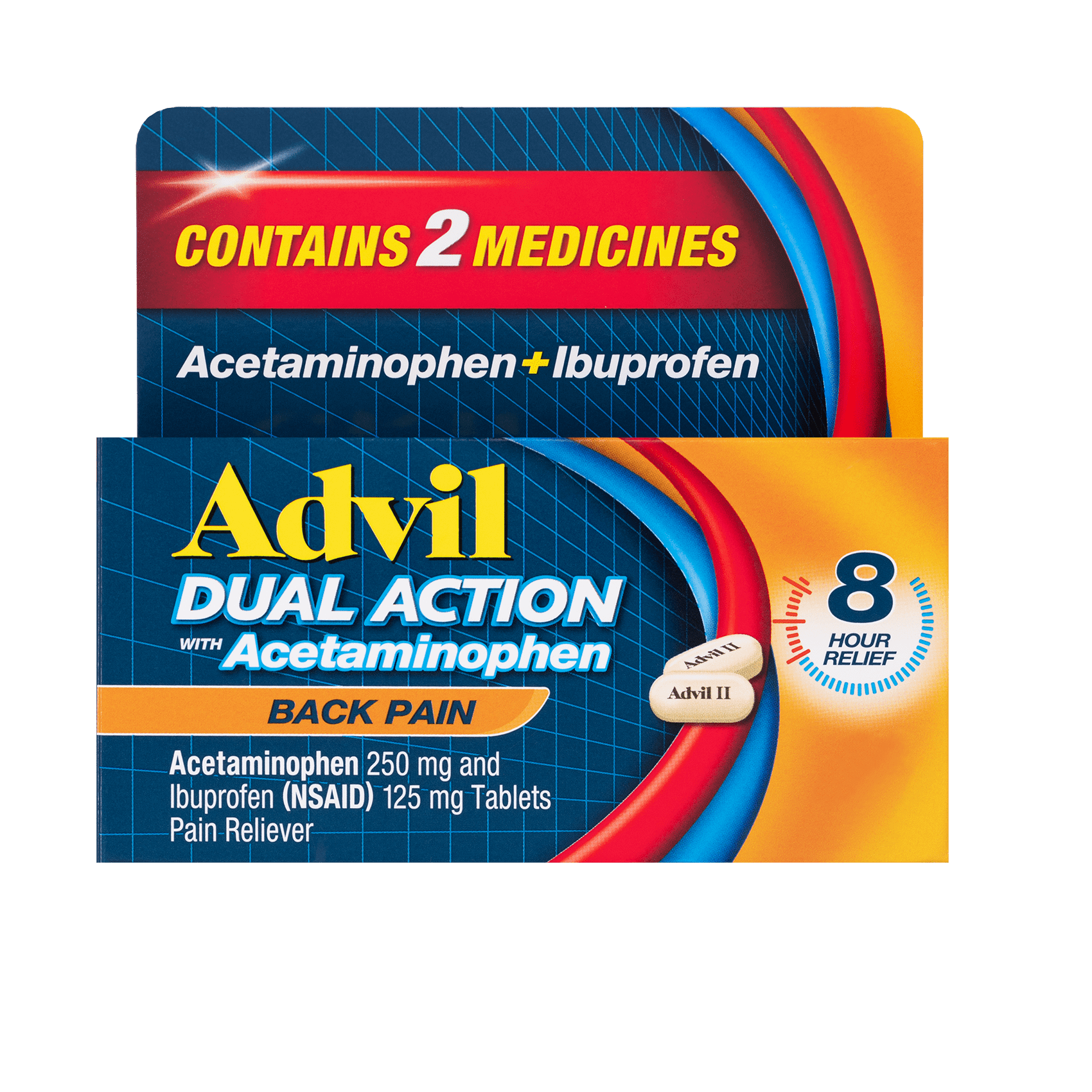 Advil Dual Action Back Caplets, Ibuprofen with Acetaminophen, 18 Pain Relief Capsule-Shaped Tablets 
