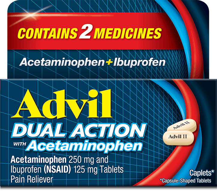 Advil Dual Action Caplets, Ibuprofen with Acetaminophen, 18 Pain Relief Capsule-Shaped Tablets 