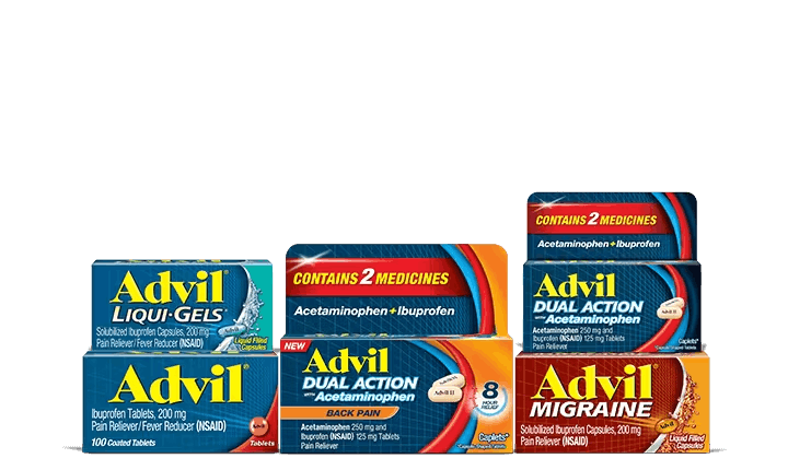 advil liquid-gels, advil dual action, and advil migraine boxes