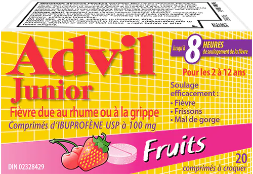 Advil Junior Fièvre due au rhume ou à la grippe à saveur de fruits, 20 comprimés à croquer 