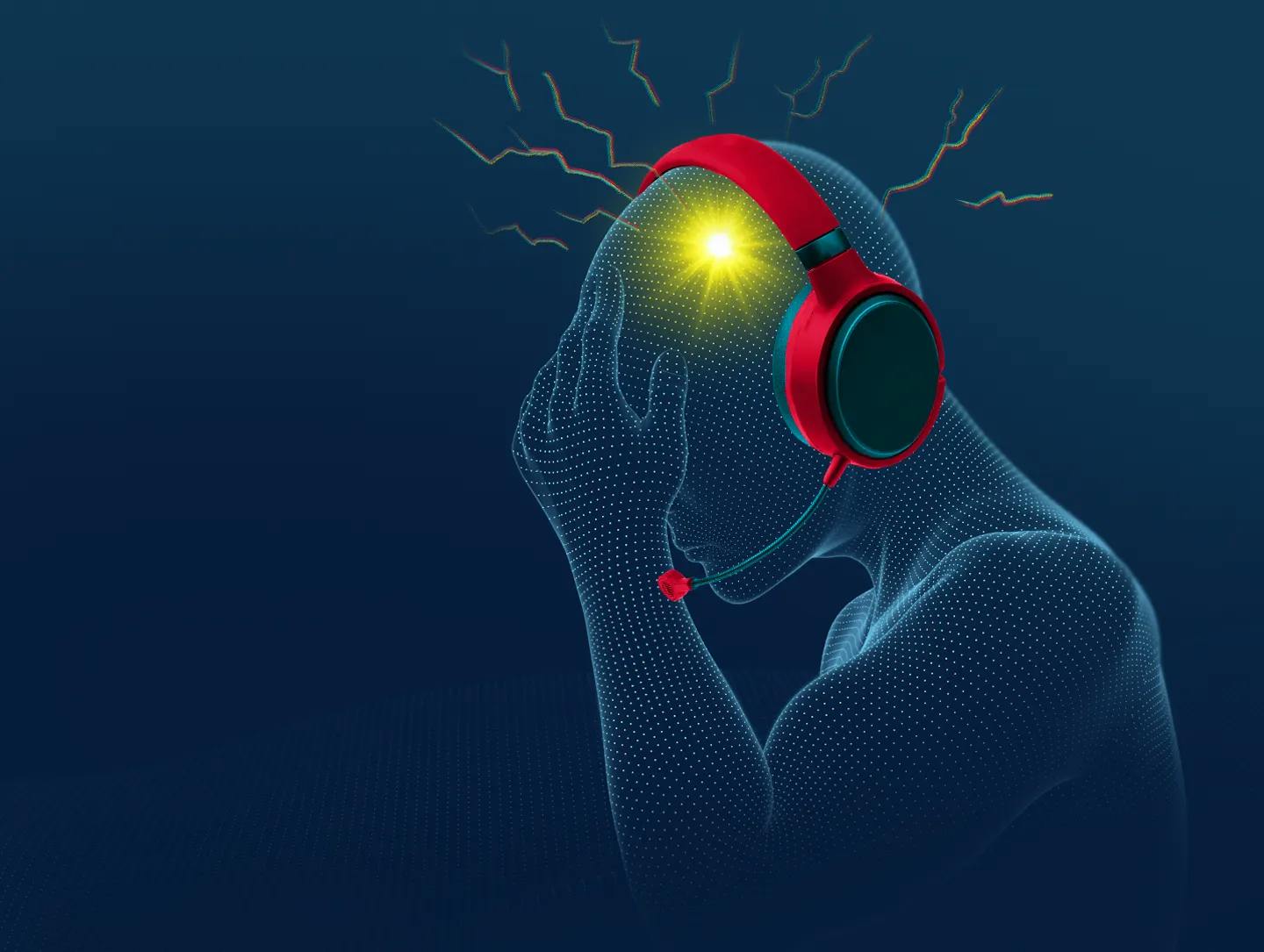 Human wearing headphones and experiencing a gaming headache. 