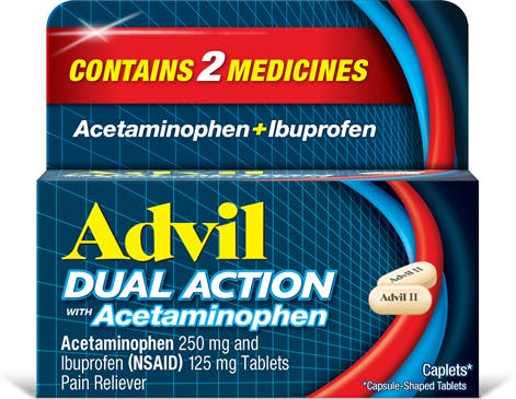 Advil Dual Action Caplets, Ibuprofen with Acetaminophen, 18 Pain Relief Capsule-Shaped Tablets