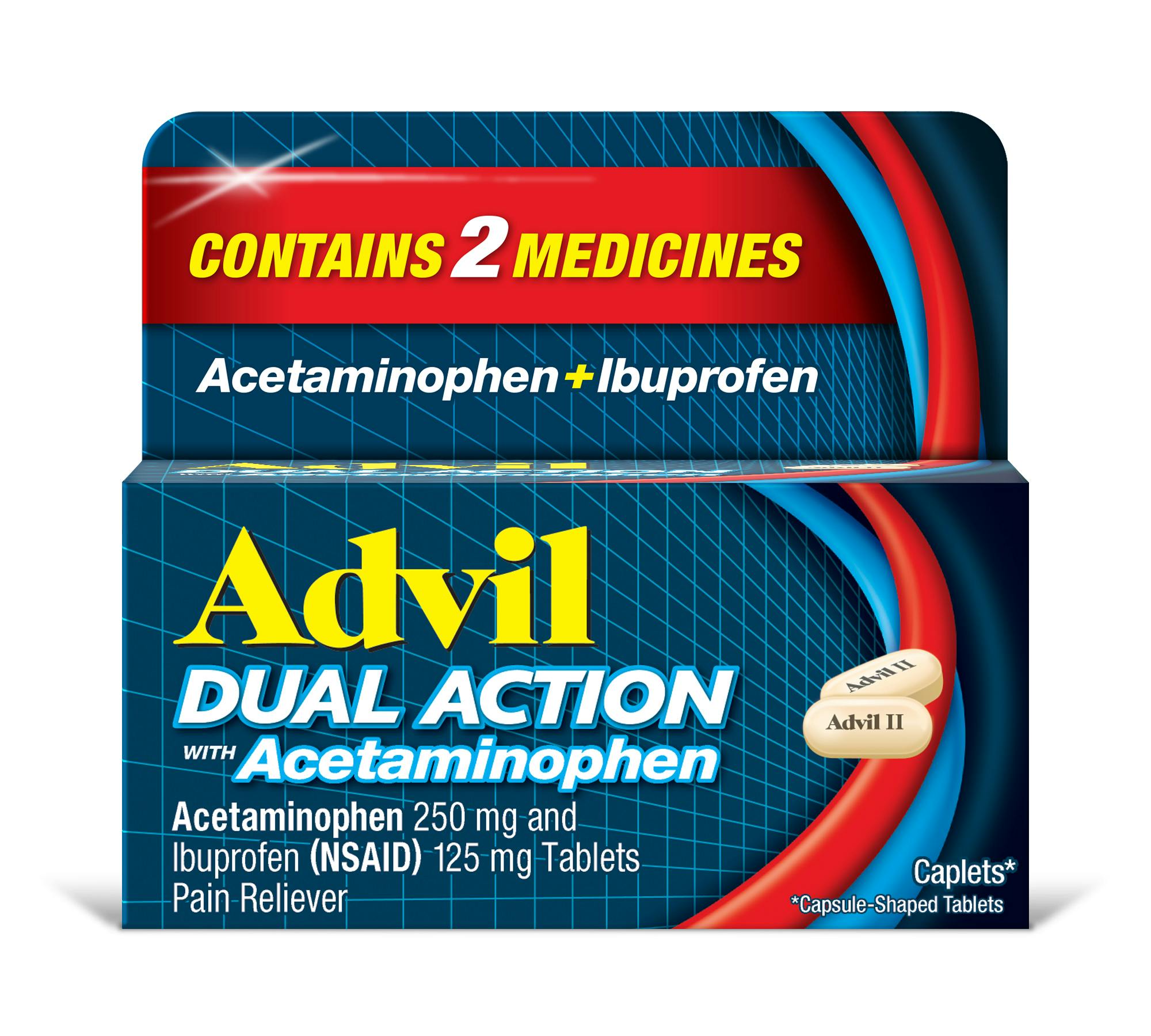 Advil Dual Action tabletas, Ibuprofeno con acteaminofen, 18 capsulas para el dolor Advil Dual Action tabletas, Ibuprofeno con acteaminofen, 18 capsulas para el dolor