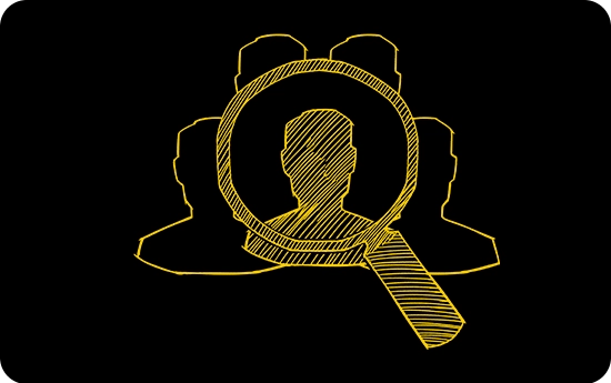 Illustration of magnifying glass over single individuals head within a group