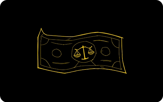 Illustration of generic money with balanced scales at the center
