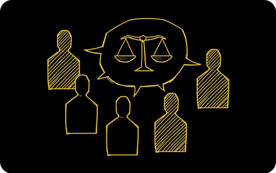 Illustration of diverse individuals speaking together, with balanced scales in the middle