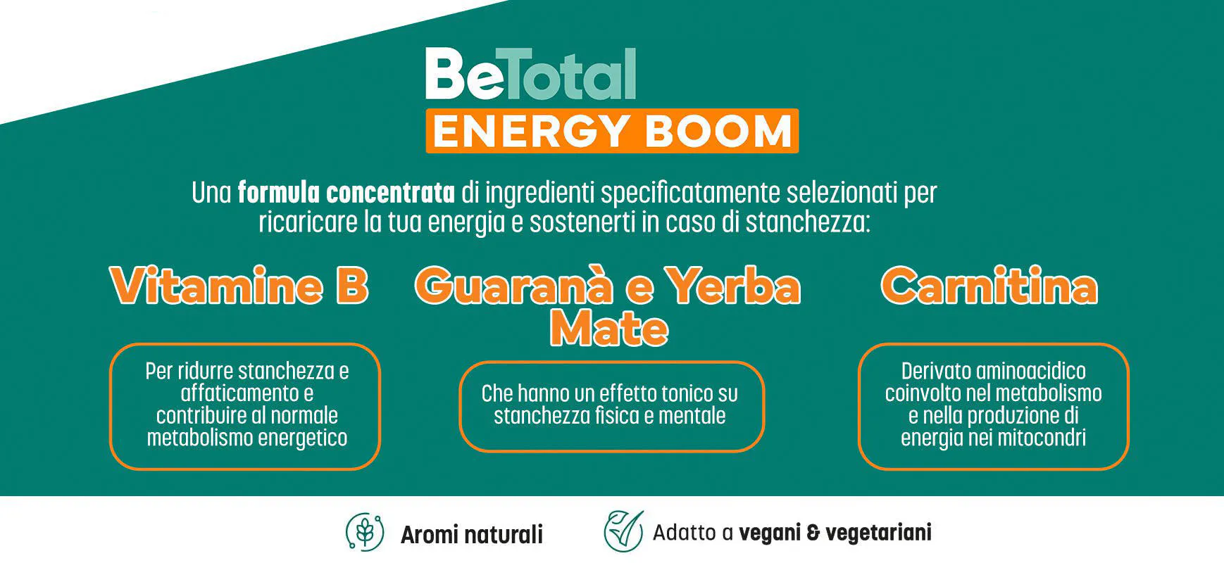 Logo di BeTotal Energy Boom, integratore alimentare con Vitamine B, Carnitina ed estratti di Guaranà e Yerba Mate. Il testo recita: “BeTotal Energy Boom, una formula concentrata di ingredienti specificatamente selezionati per ricaricare la tua energia e sostenerti in caso di stanchezza: Vitamine B, per ridurre stanchezza e affaticamento e contribuire al normale metabolismo energetico; Guaranà e Yerba Mate, che hanno un effetto tonico su stanchezza fisica e mentale; Carnitina, derivato aminoacidico coinvolto nel metabolismo e nella produzione di energia nei mitocondri”.  In basso quattro icone verdi su sfondo bianco: icona con testo: “aromi naturali”, icona con testo: “senza glutine”, icona con testo: “senza lattosio fra gli ingredienti”, icona con testo “adatto a vegani e vegetariani”. 